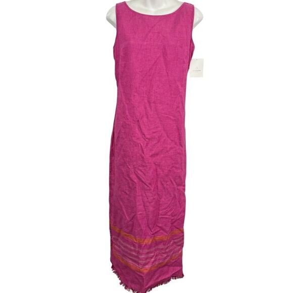 Liz Claiborne Sport 100% Linen Pink Sleeveless Maxi Dress Fringe Trim NWT sz 8 - Picture 1 of 16